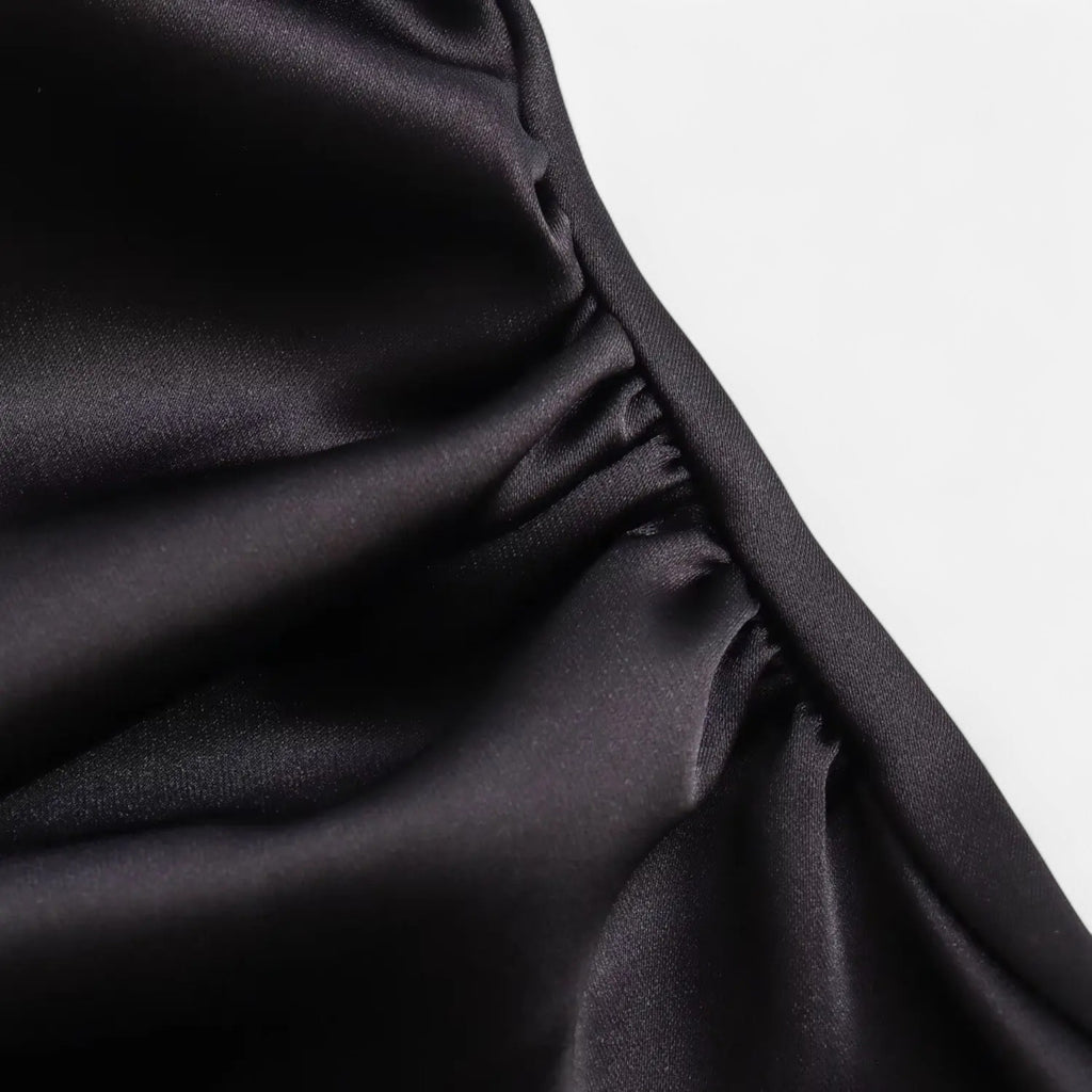 FEMUREA | Off-Shoulder Satin Ruched Dress – Timeless Allure