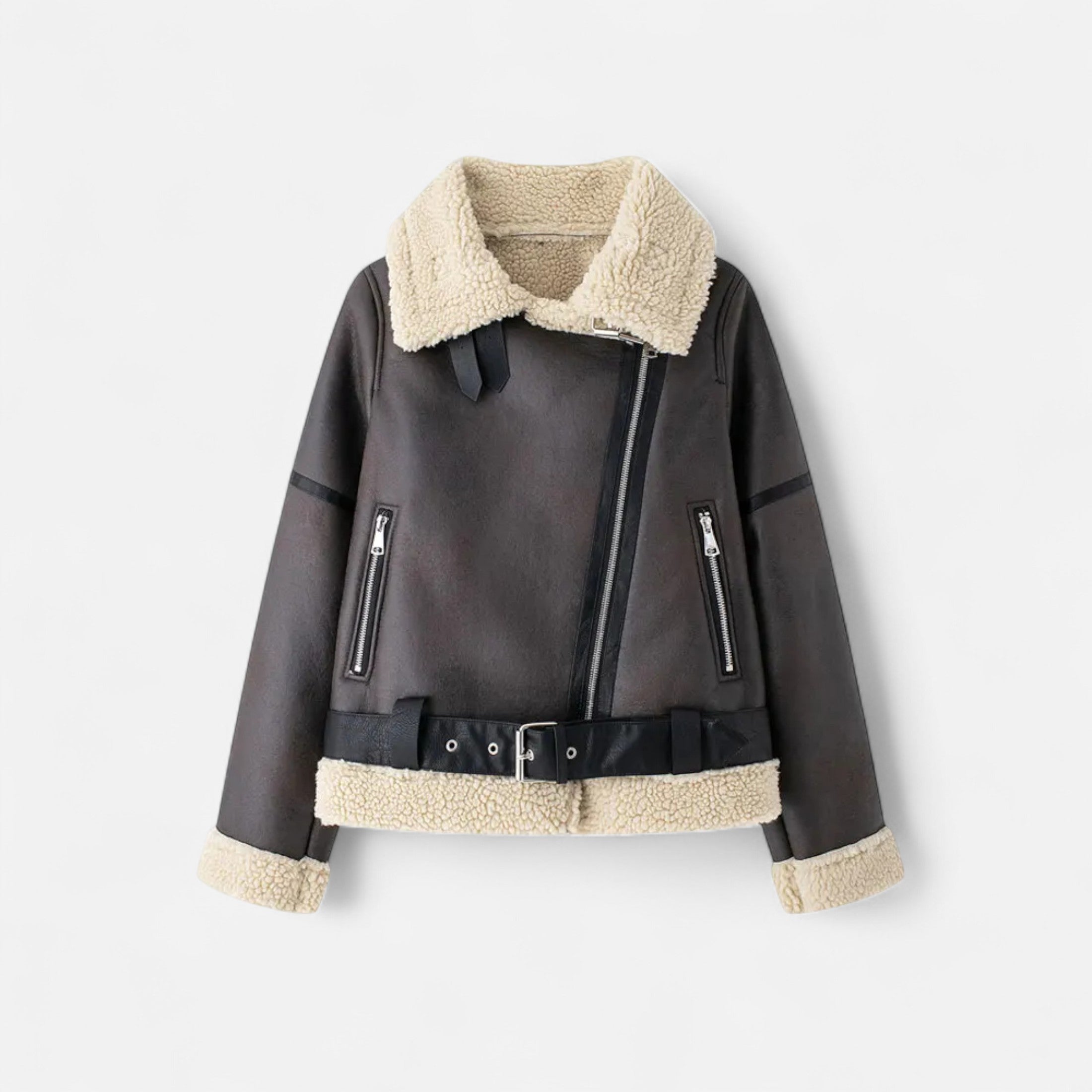 FEMUREA | Women’s Suede Jacket – Belted Faux Shearling Elegance