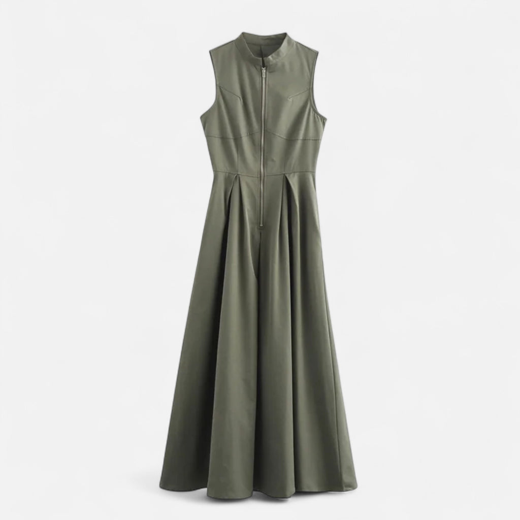 FEMUREA | Women’s Pleated Maxi Dress – Sleeveless Zip Design