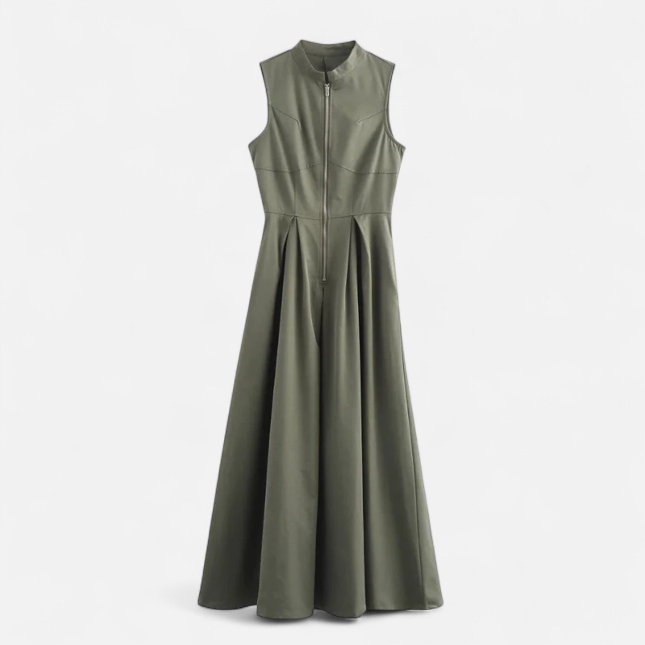 FEMUREA | Women’s Pleated Maxi Dress – Sleeveless Zip Design