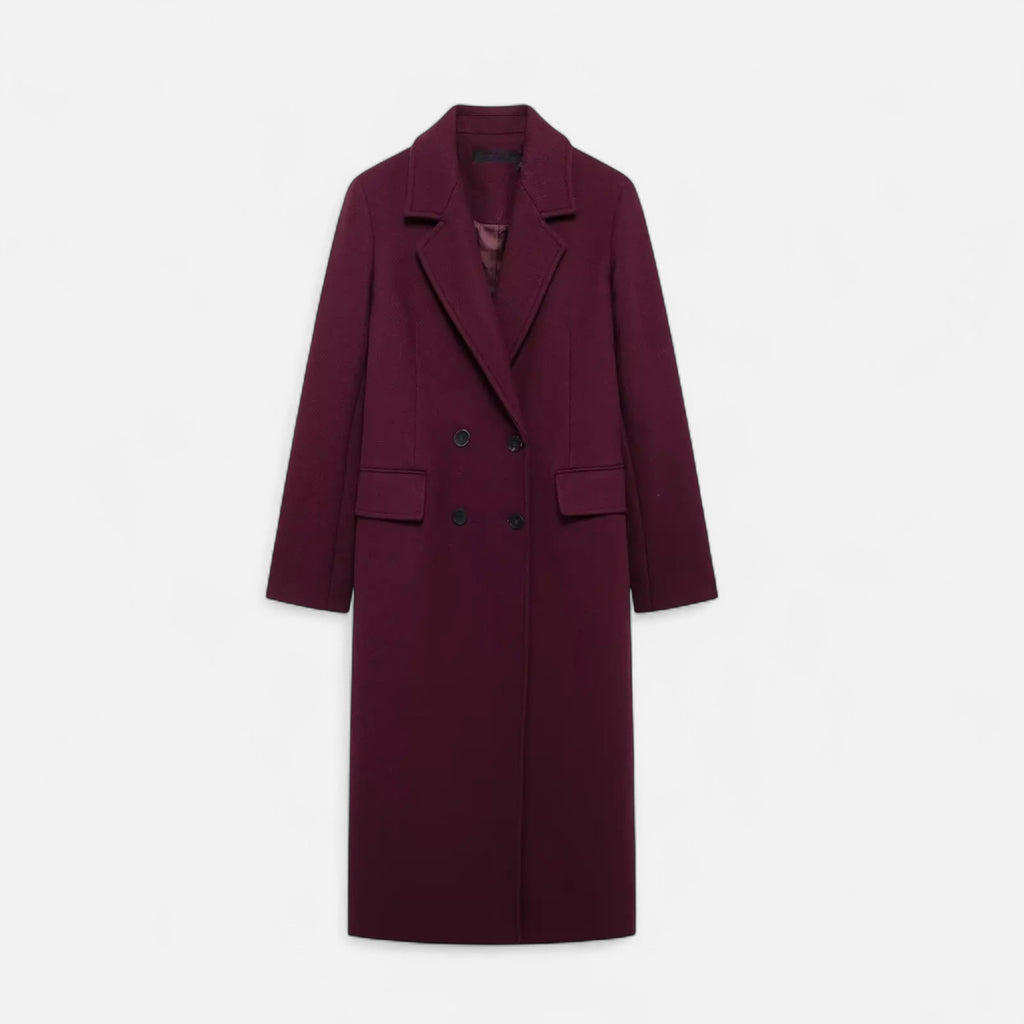 FEMUREA | Women’s Long Wool Coat – Burgundy Double-Breasted Elegance