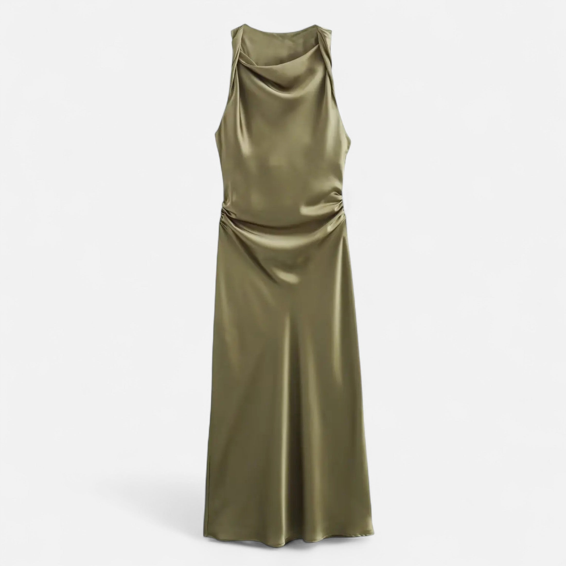 FEMUREA | Off-Shoulder Satin Ruched Dress – Timeless Allure