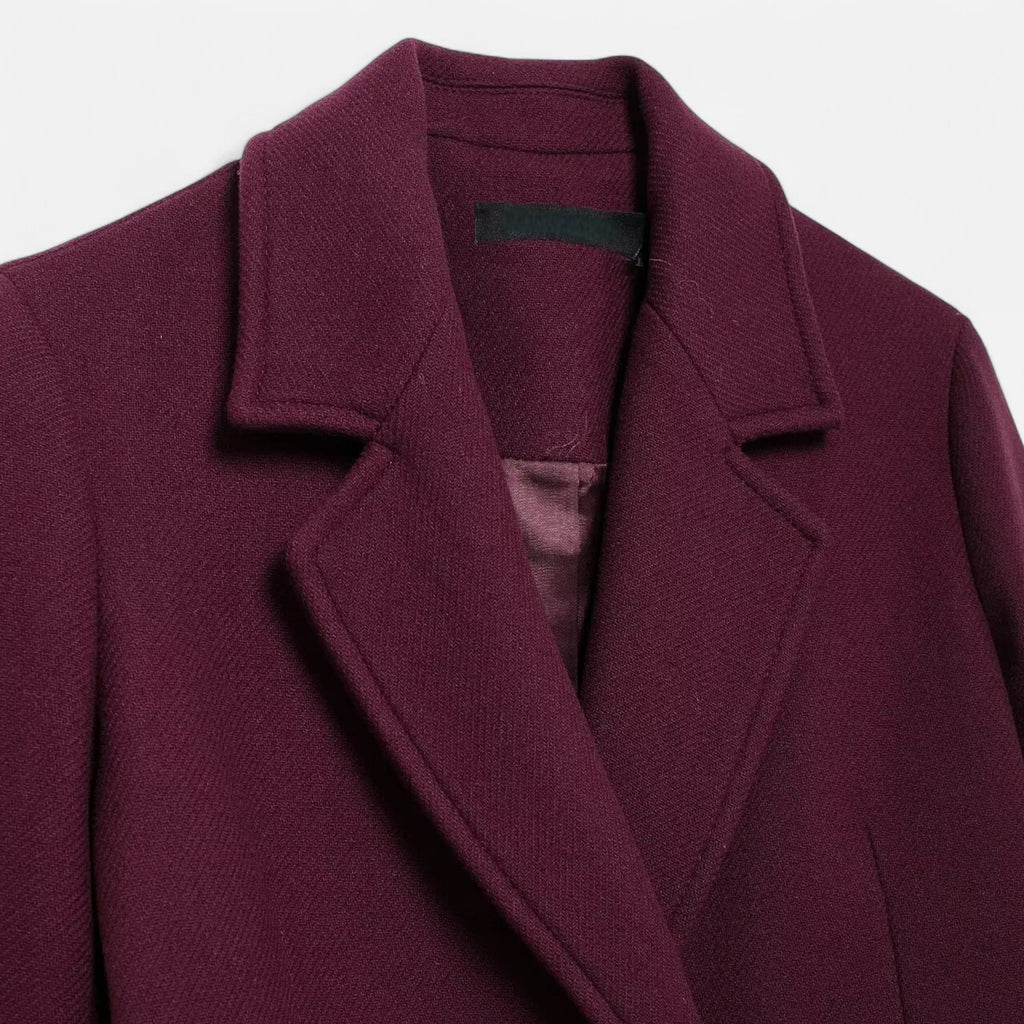 FEMUREA | Women’s Long Wool Coat – Burgundy Double-Breasted Elegance