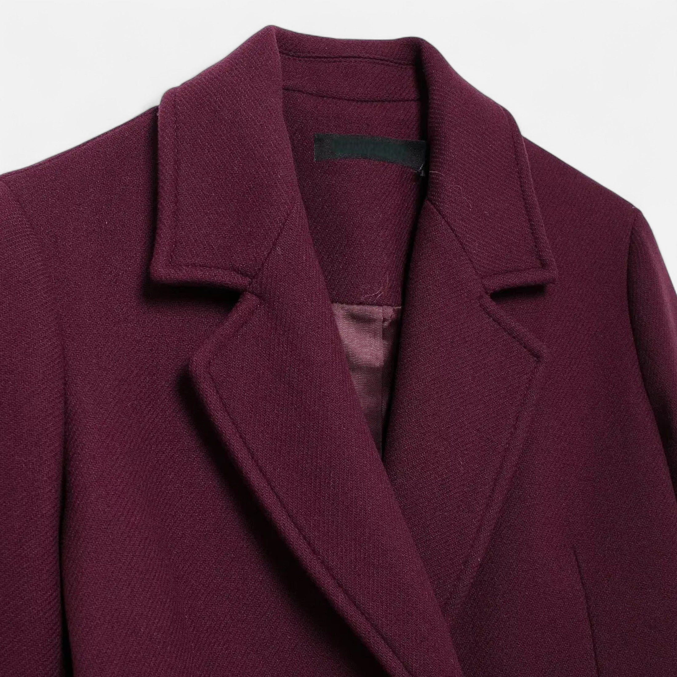 FEMUREA | Women’s Long Wool Coat – Burgundy Double-Breasted Elegance