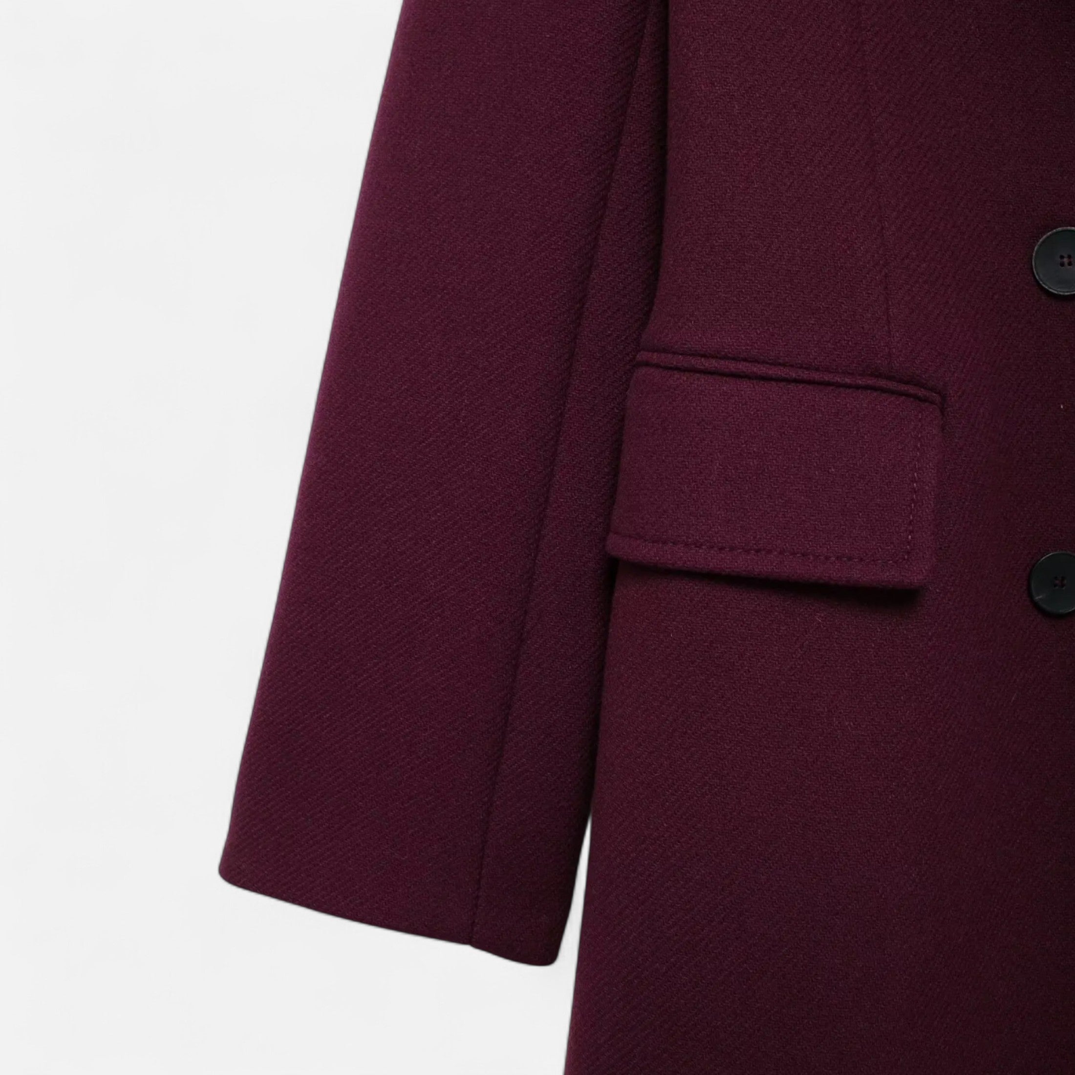FEMUREA | Women’s Long Wool Coat – Burgundy Double-Breasted Elegance