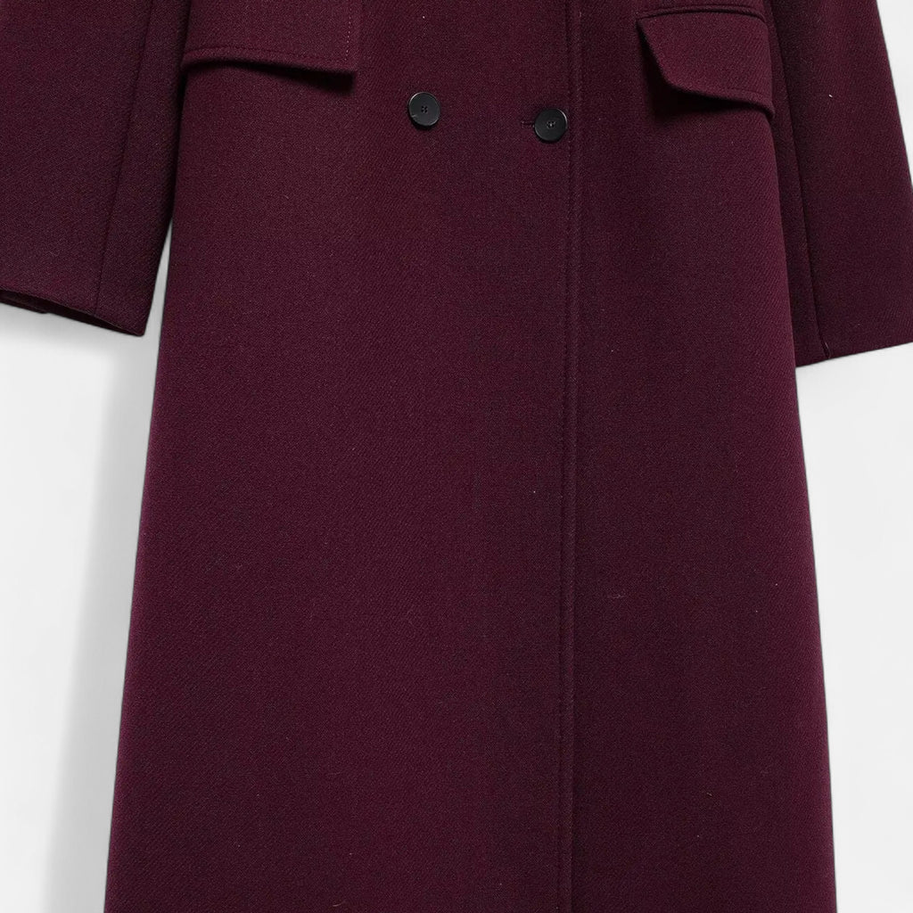 FEMUREA | Women’s Long Wool Coat – Burgundy Double-Breasted Elegance