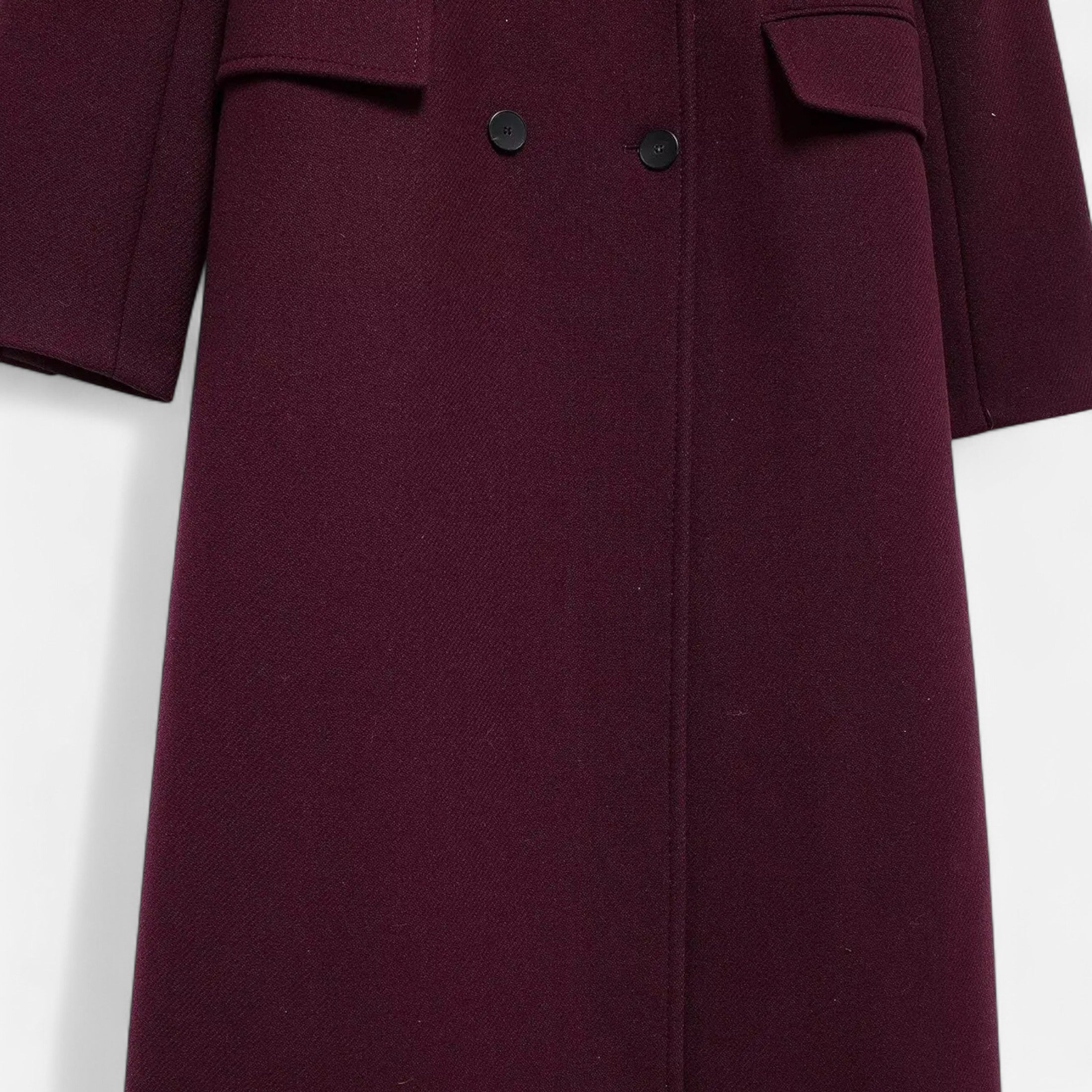 FEMUREA | Women’s Long Wool Coat – Burgundy Double-Breasted Elegance