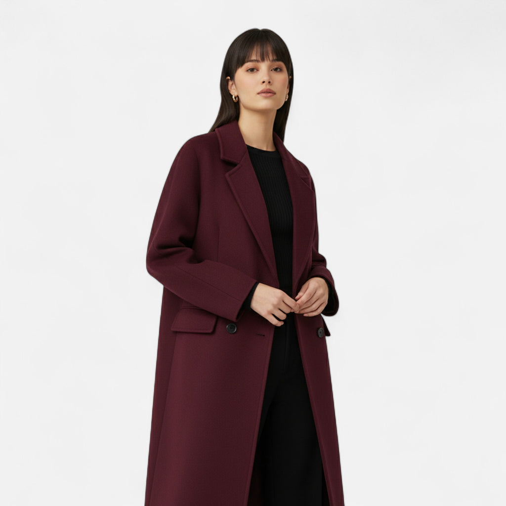 FEMUREA | Women’s Long Wool Coat – Burgundy Double-Breasted Elegance