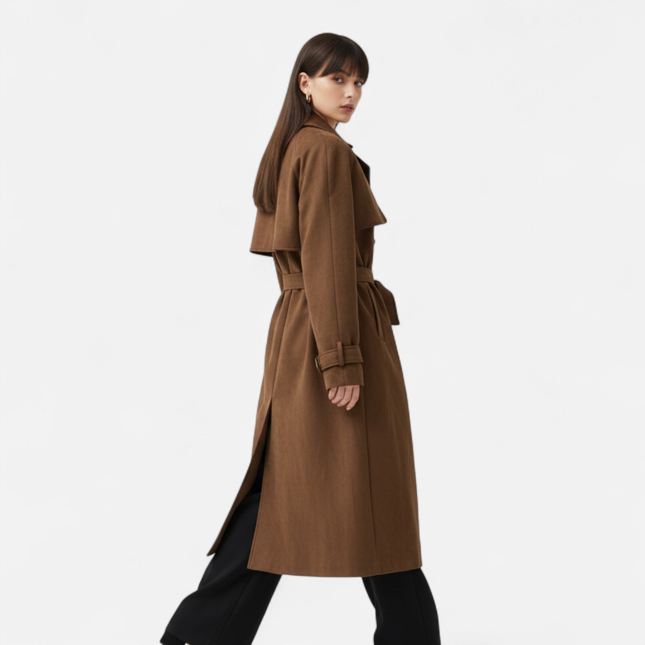 FEMUREA | Women’s Long Faux Suede Coat – Vintage Belted Elegance
