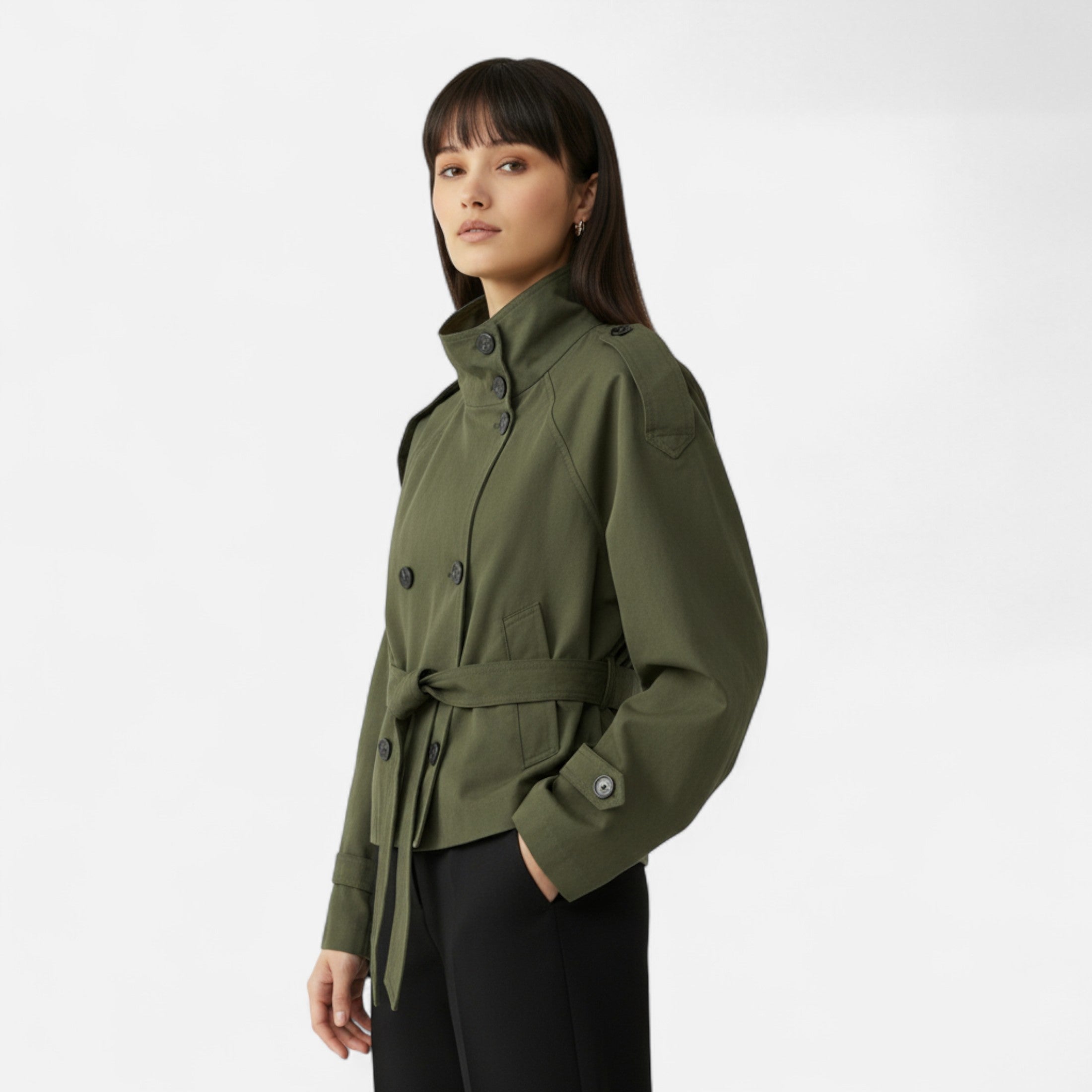 FEMUREA | Women’s Cropped Trench Coat – Belted Classic Style