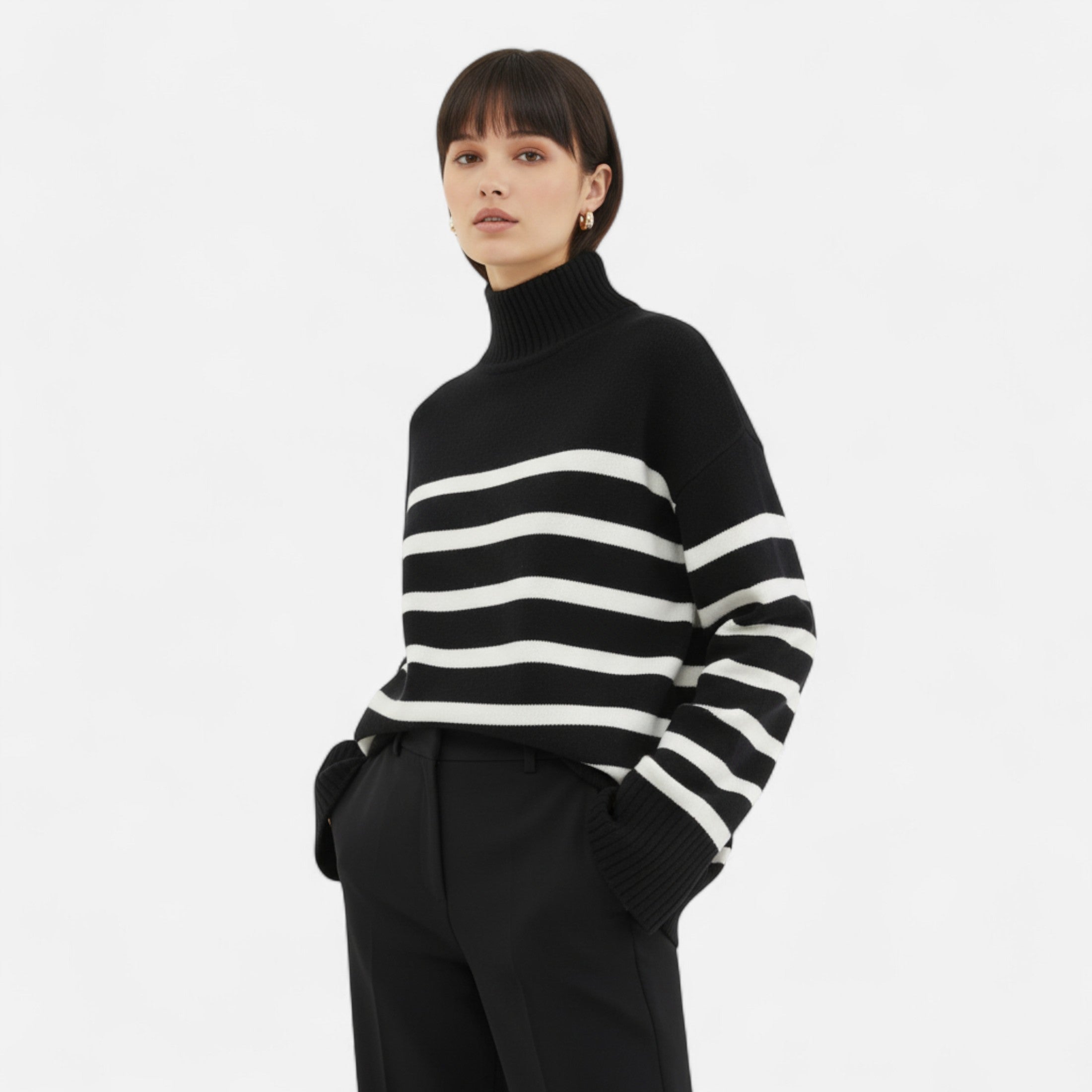 FEMUREA | Women’s Striped Turtleneck Sweater – Classic Knitwear