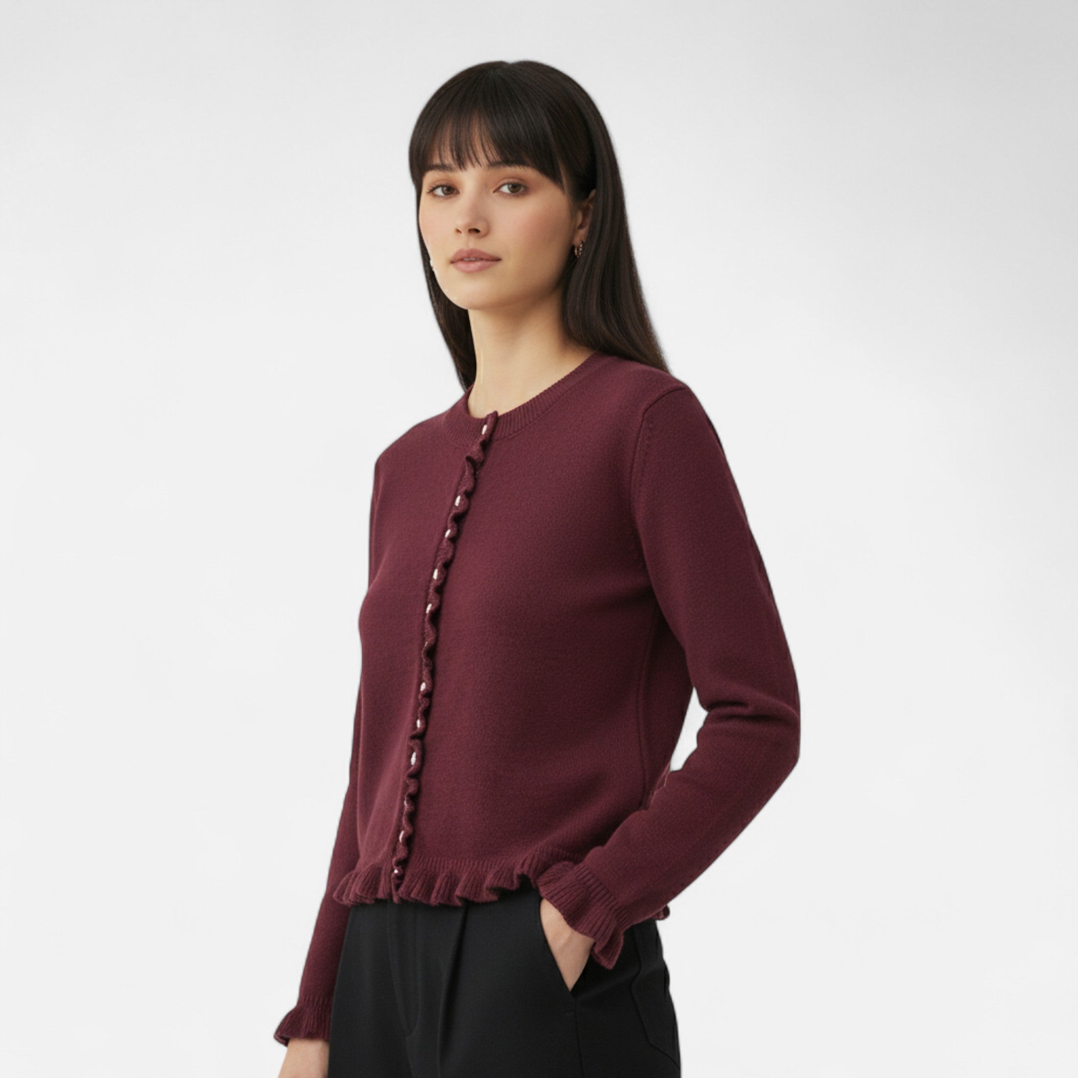FEMUREA | Women’s Knitted Cardigan – Ruffled Button-Up Elegance