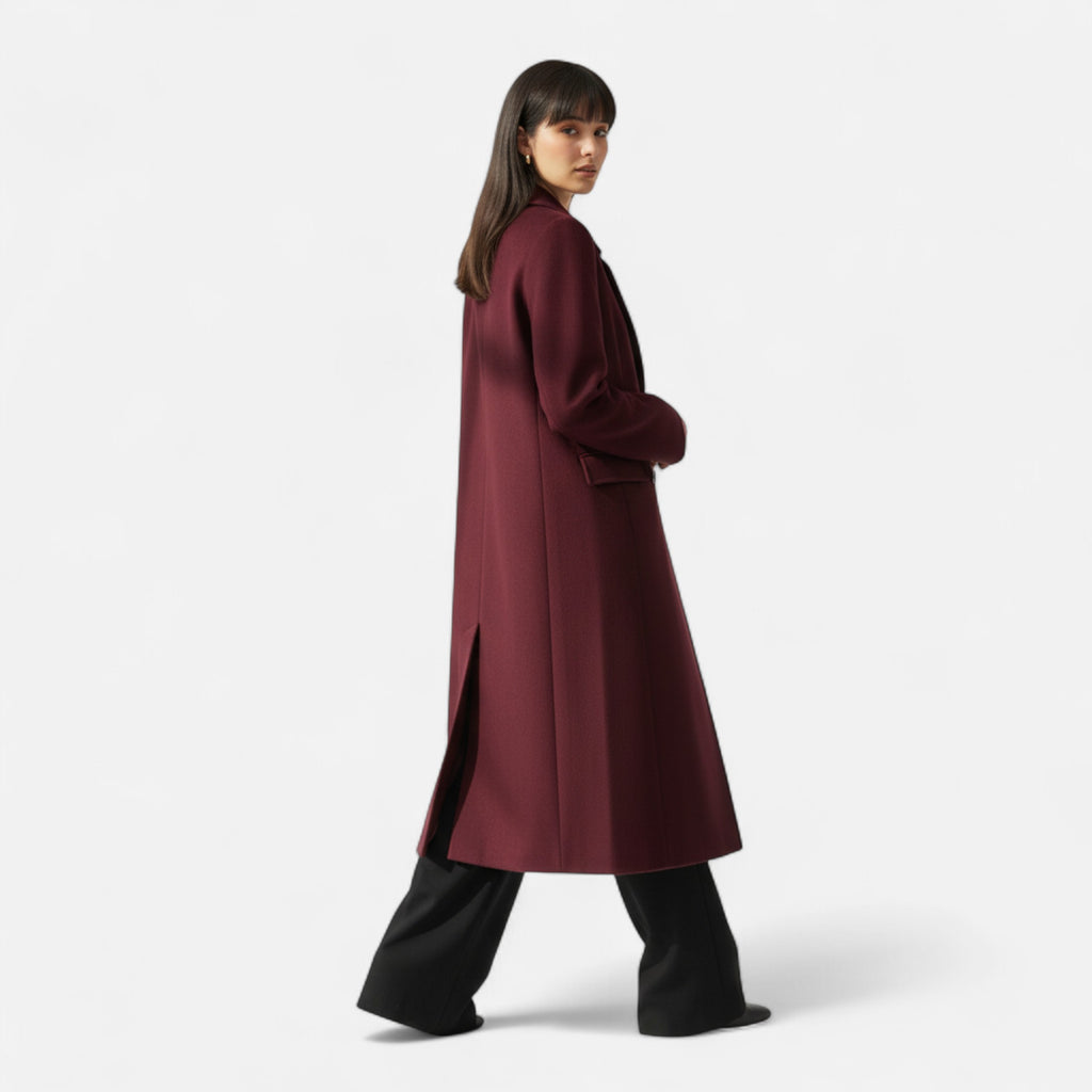 FEMUREA | Women’s Long Wool Coat – Burgundy Double-Breasted Elegance