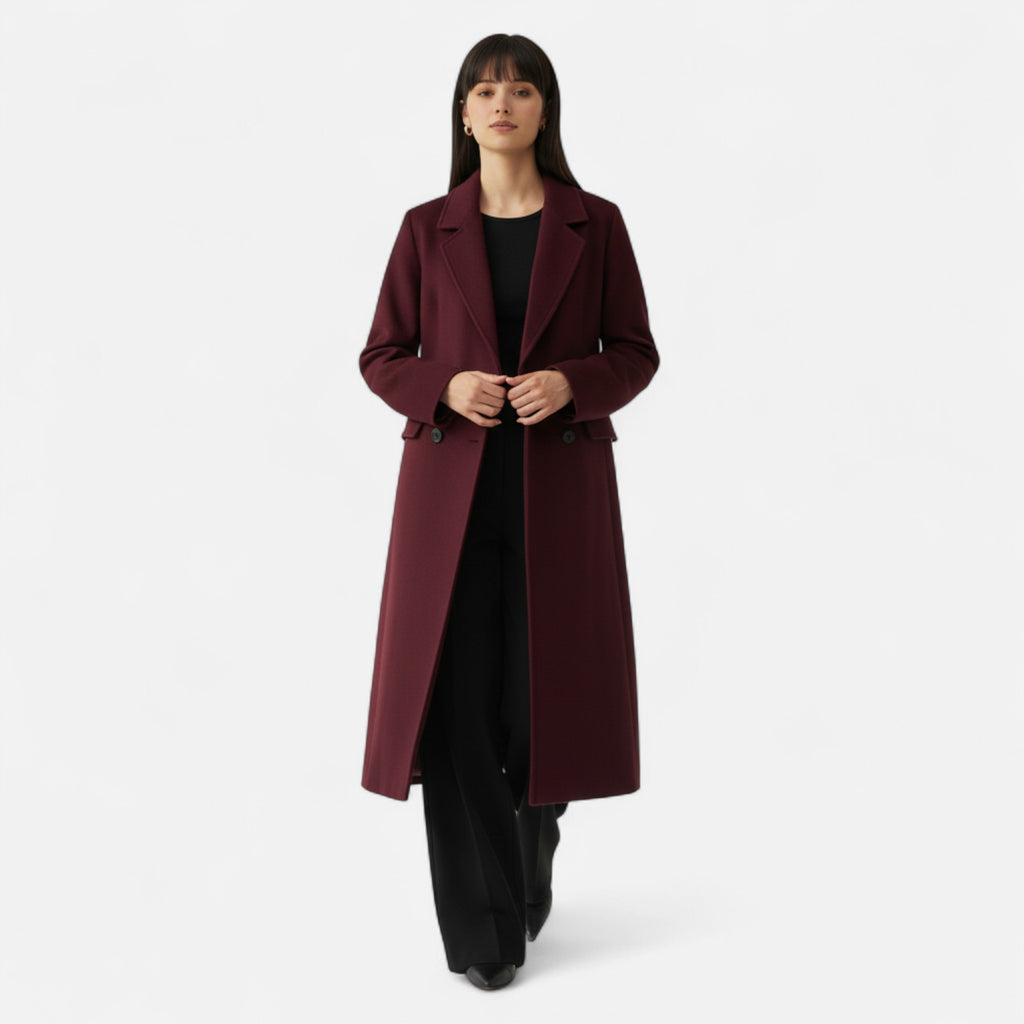 FEMUREA | Women’s Long Wool Coat – Burgundy Double-Breasted Elegance