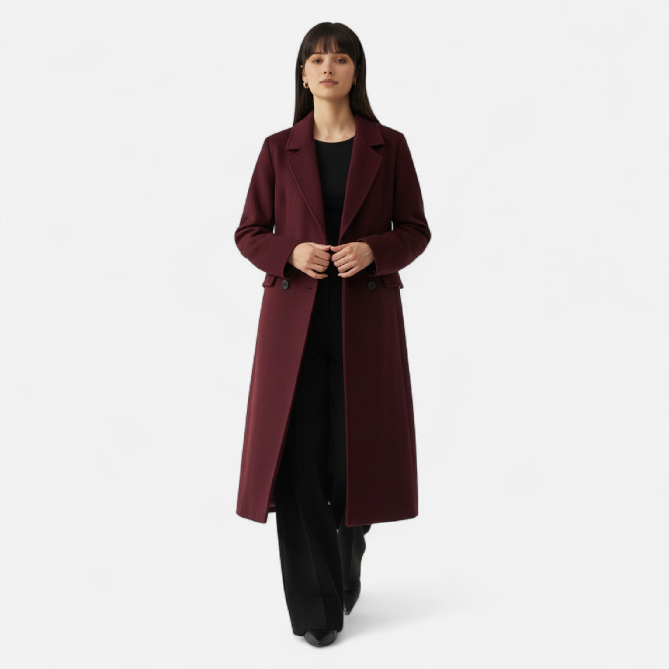 FEMUREA | Women’s Long Wool Coat – Burgundy Double-Breasted Elegance