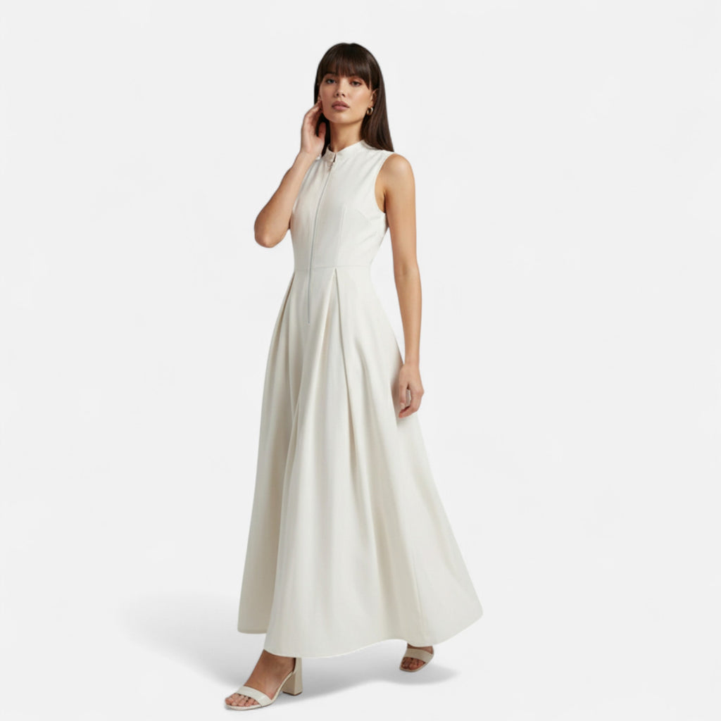 FEMUREA | Women’s Pleated Maxi Dress – Sleeveless Zip Design