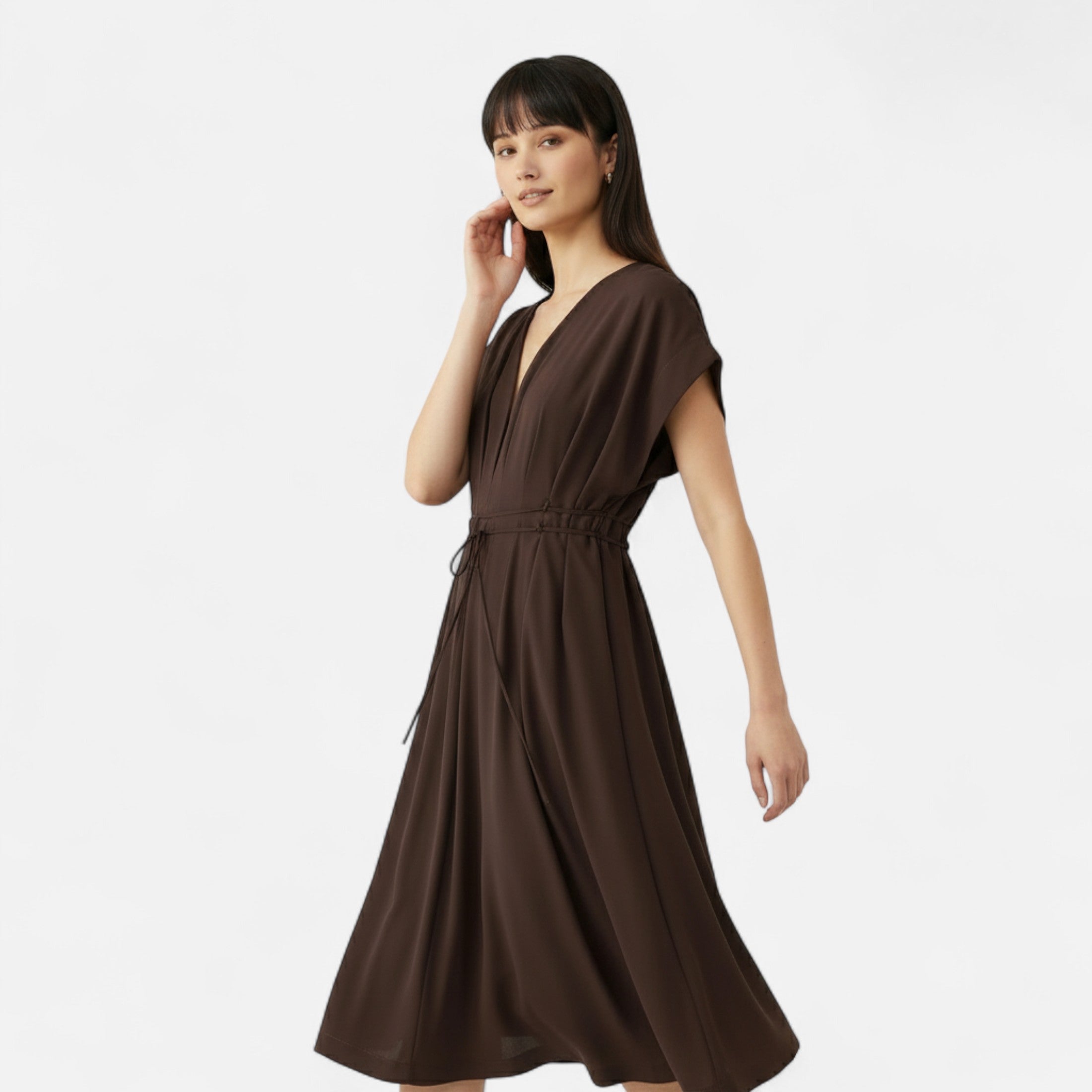FEMUREA | Women’s V-Neck Midi Dress – Draped Wrap Silhouette