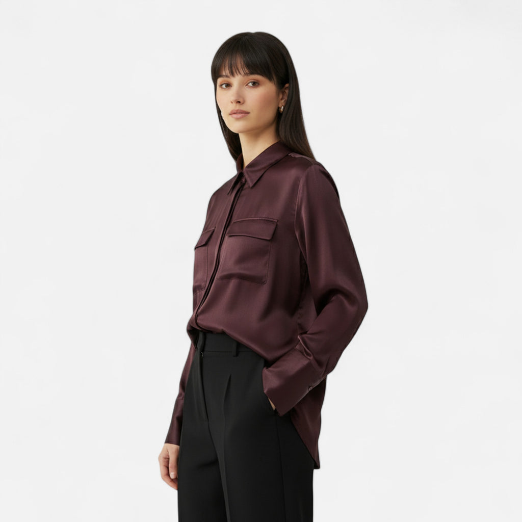 FEMUREA | Women’s Satin Blouse – Long Sleeve Button-Up