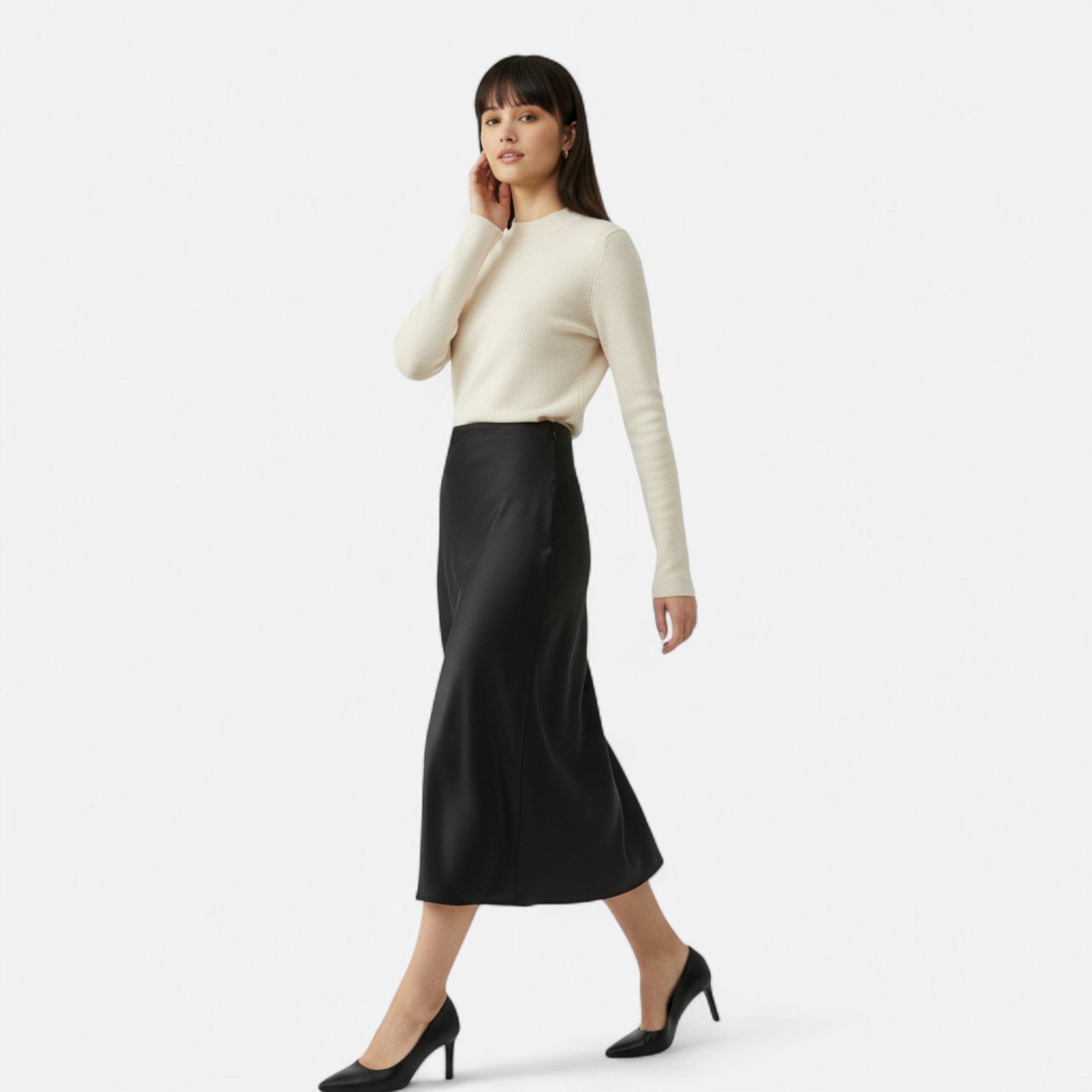 FEMUREA | Women’s Satin Midi Skirt – High-Waist Silky Finish
