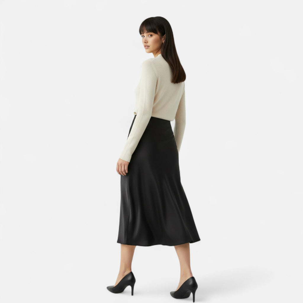 FEMUREA | Women’s Satin Midi Skirt – High-Waist Silky Finish