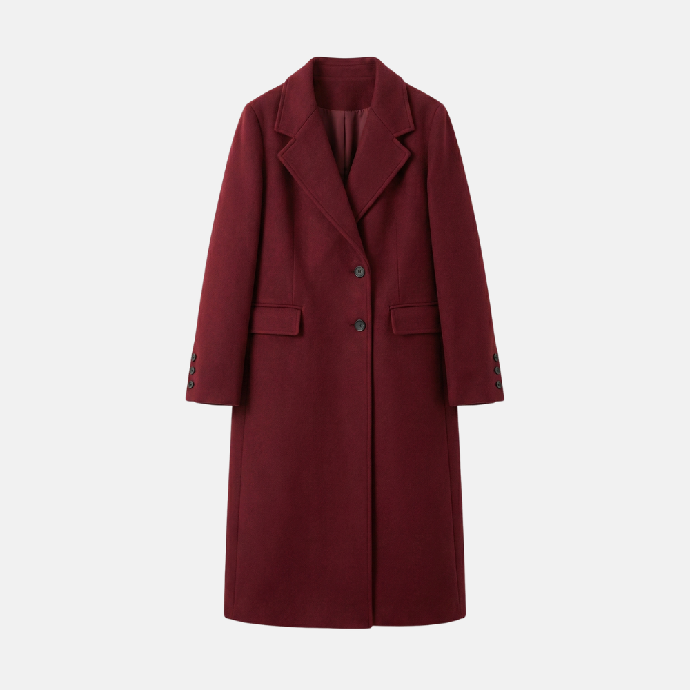 Femurea | Women’s Long Wool Coat – Burgundy Double-Breasted Design