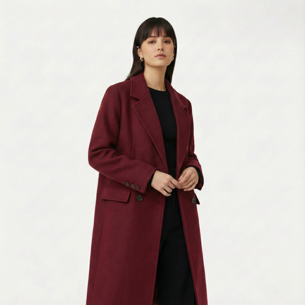 Femurea | Women’s Long Wool Coat – Burgundy Double-Breasted Design
