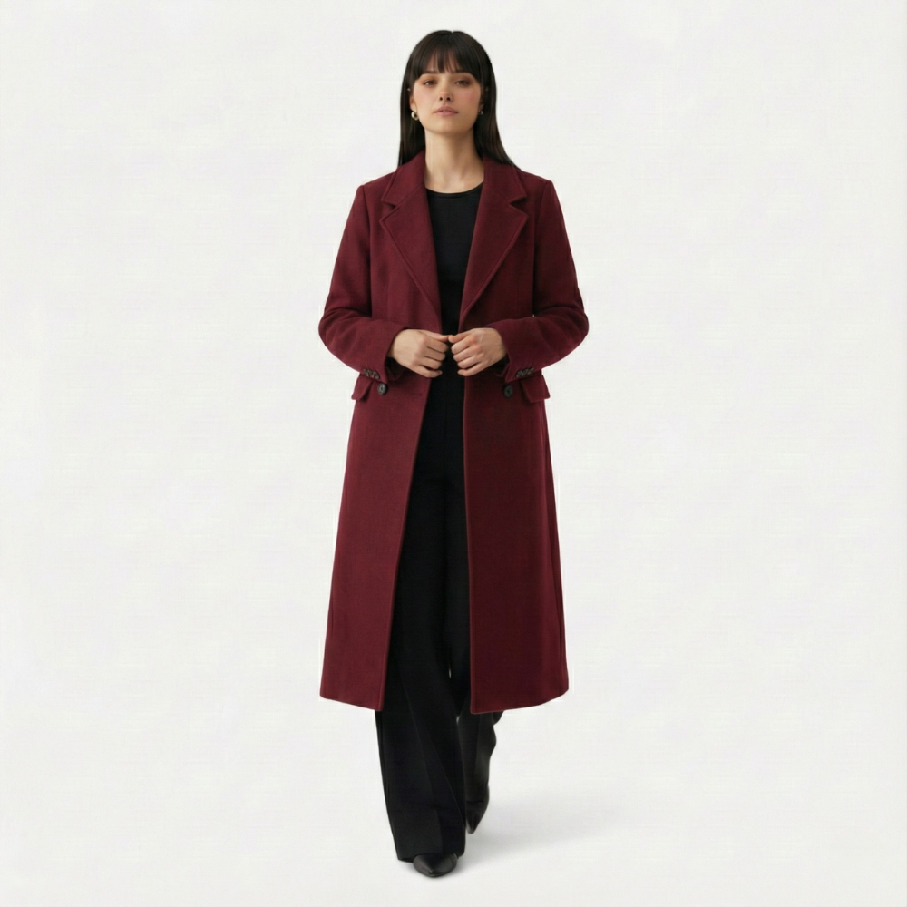 Femurea | Women’s Long Wool Coat – Burgundy Double-Breasted Design