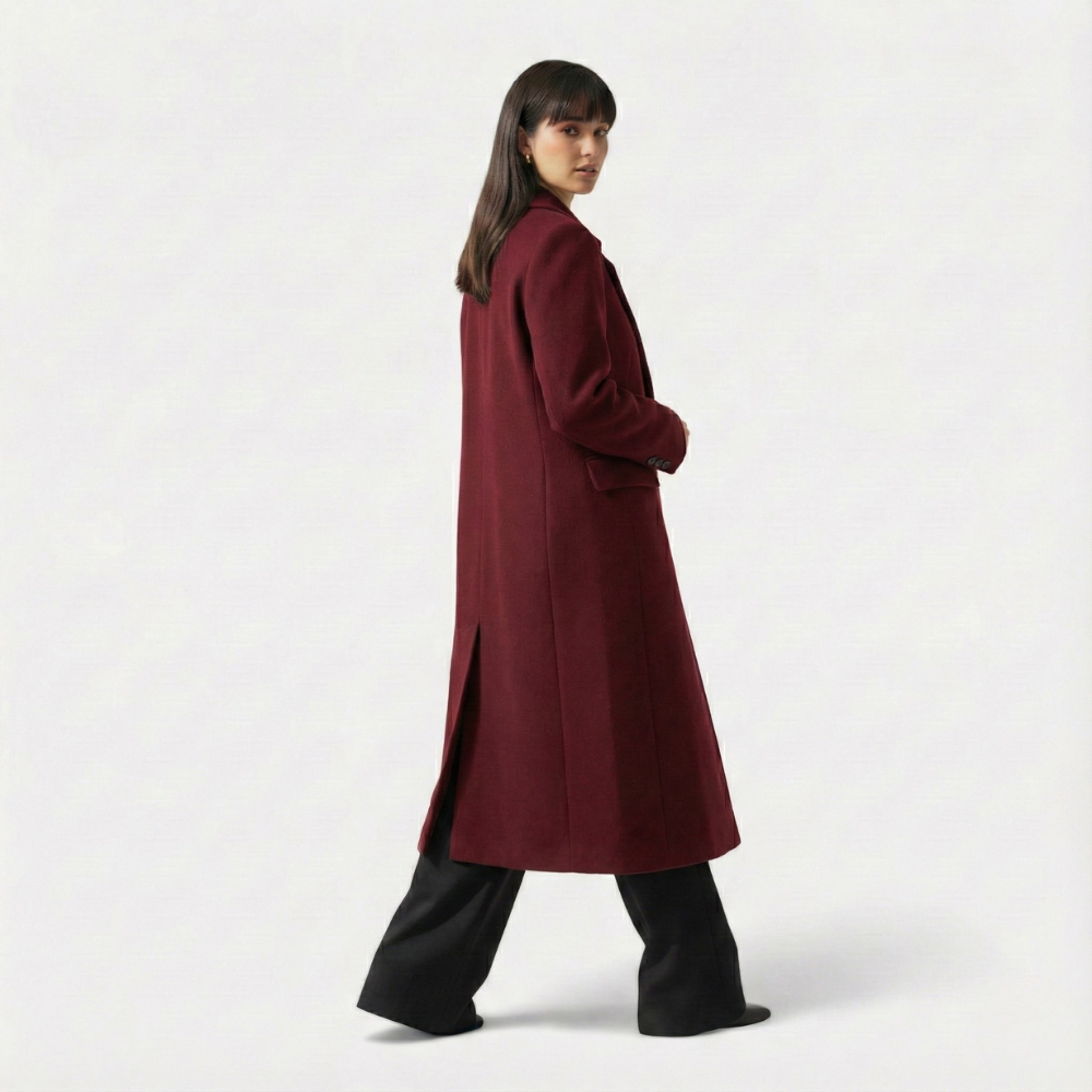 Femurea | Women’s Long Wool Coat – Burgundy Double-Breasted Design