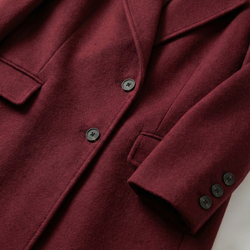 Femurea | Women’s Long Wool Coat – Burgundy Double-Breasted Design