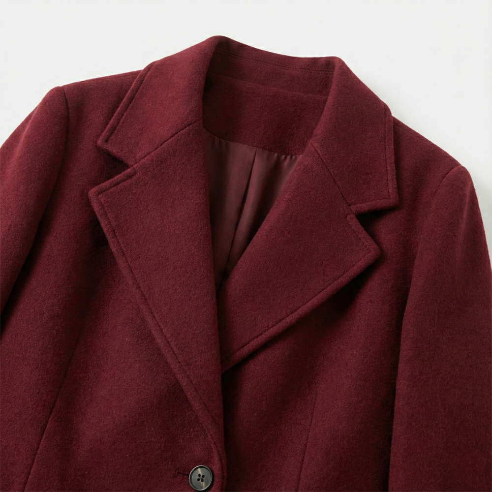 Femurea | Women’s Long Wool Coat – Burgundy Double-Breasted Design