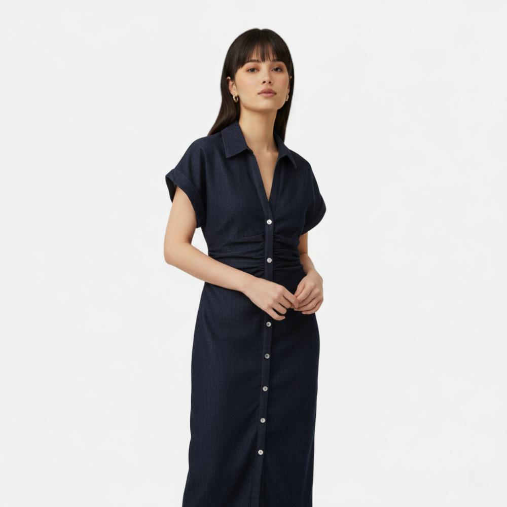 FEMUREA | Women’s Denim Midi Dress – Button-Up Tailored Fit