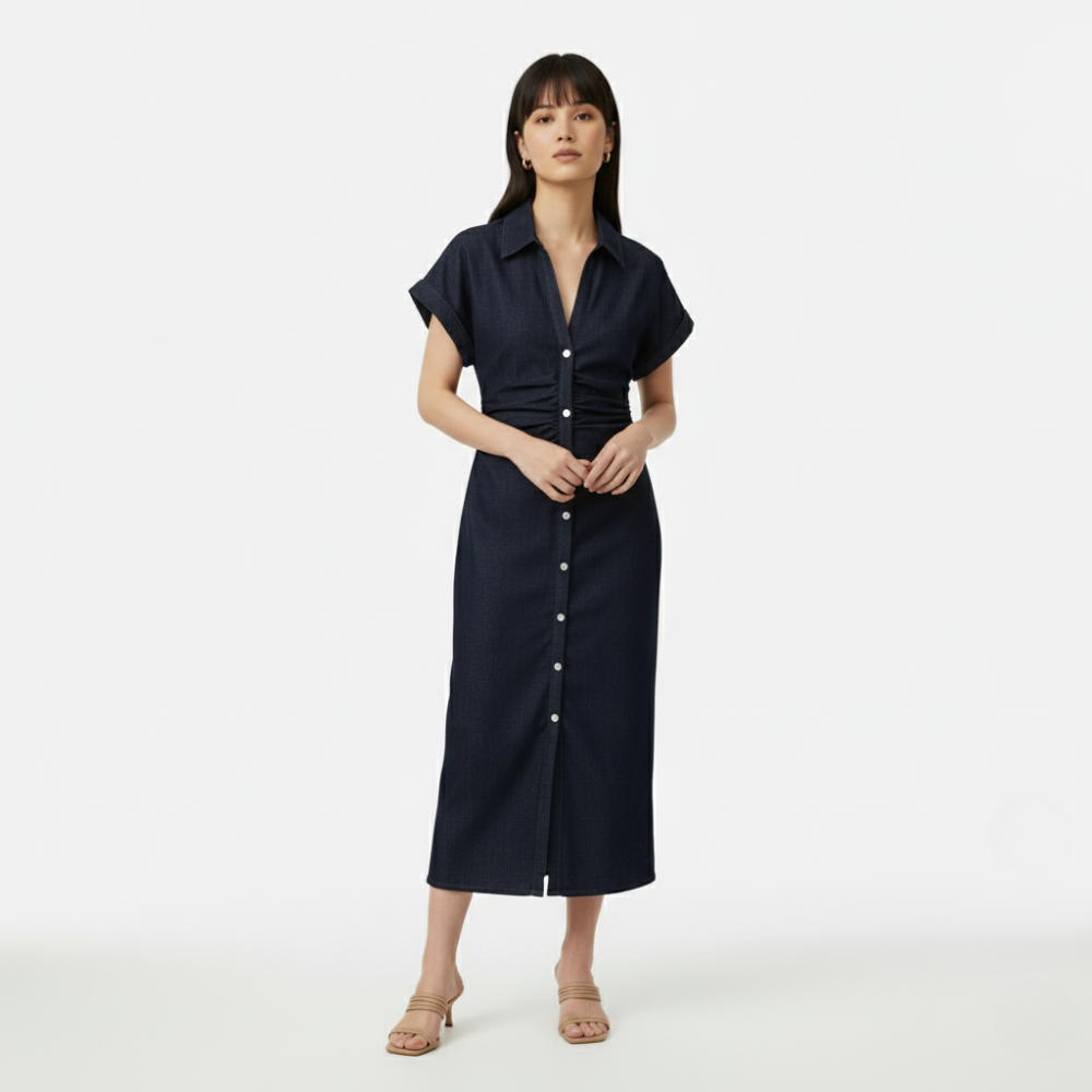 FEMUREA | Women’s Denim Midi Dress – Button-Up Tailored Fit